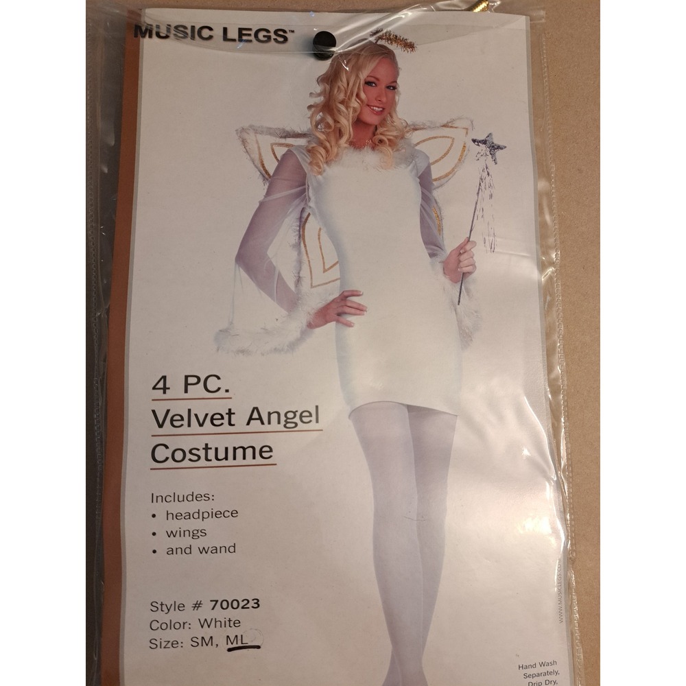 Music Legs 70023 4 PC Velvet Angel Costume White Dress Wings Wand Halo M/L